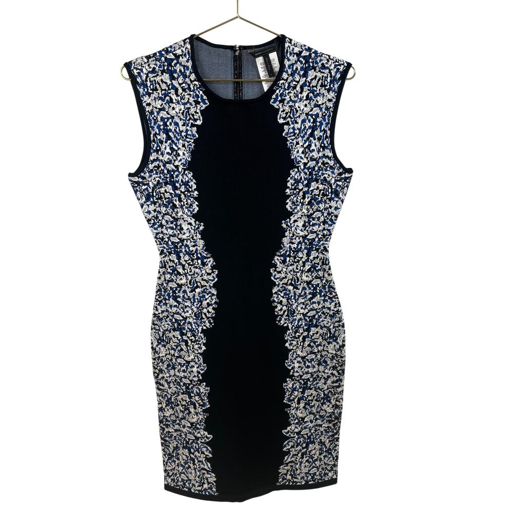 BCBGMAXAZRIA Cocktail Bodycon Dress M Black Blue Jacquard Knit